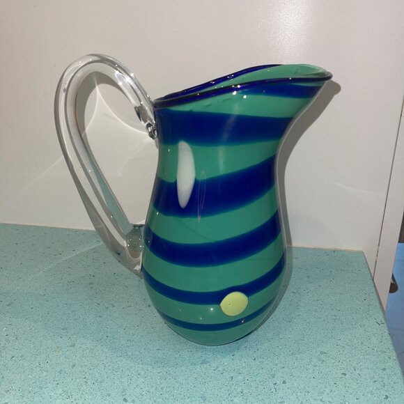 Pitcher Green Hand Blown Striped Art Glass Decor Collectible - Picture 1 of 8